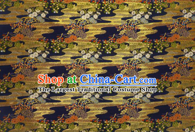 Japanese Traditional Kimono Classical Peony Daisy Pattern Navy Brocade Damask Asian Japan Nishijin Satin Drapery Silk Fabric