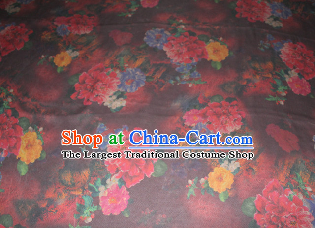 Chinese Traditional Cheongsam Classical Flowers Pattern Wine Red Gambiered Guangdong Gauze Asian Satin Drapery Brocade Silk Fabric