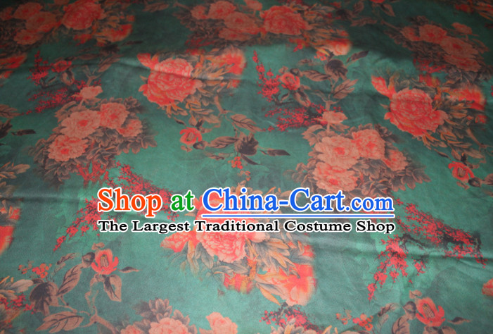 Chinese Traditional Cheongsam Classical Peony Plum Pattern Green Gambiered Guangdong Gauze Asian Satin Drapery Brocade Silk Fabric