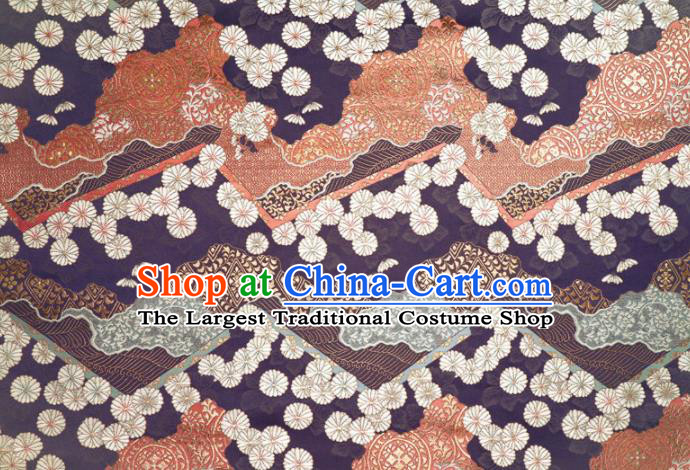 Japanese Traditional Kimono Classical Daisy Pattern Purple Brocade Damask Asian Japan Nishijin Satin Drapery Silk Fabric