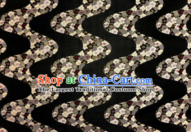 Japanese Traditional Kimono Classical Flow Sakura Pattern Black Brocade Damask Asian Japan Nishijin Satin Drapery Silk Fabric
