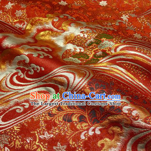 Japanese Traditional Kimono Classical Wave Pattern Red Brocade Damask Asian Japan Nishijin Satin Drapery Silk Fabric