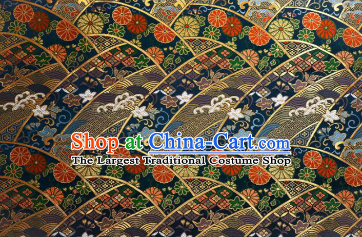 Japanese Traditional Kimono Classical Chrysanthemum Pattern Navy Brocade Damask Asian Japan Nishijin Satin Drapery Silk Fabric