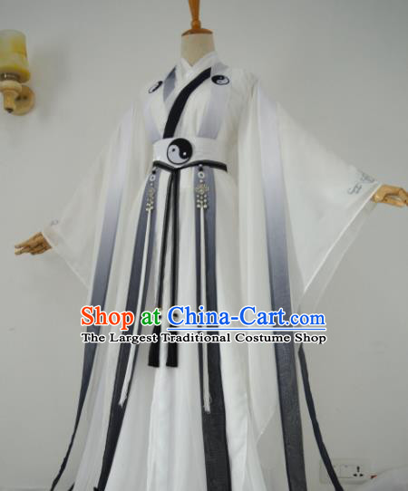 Chinese Customized Traditional Cosplay Taoist White Costume Ancient Drama Childe Swordsman Clothing for Men