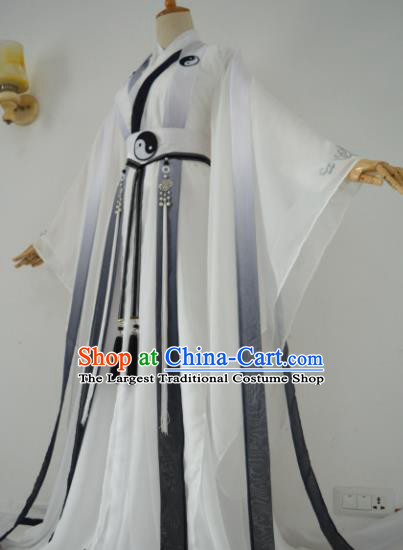 Chinese Customized Traditional Cosplay Taoist White Costume Ancient Drama Childe Swordsman Clothing for Men