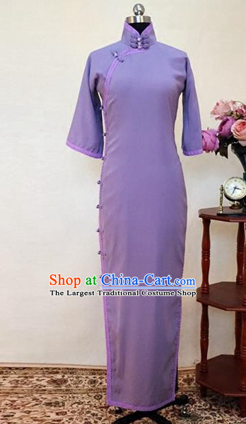 Chinese Traditional Customized Purple Cheongsam National Costume Classical Qipao Dress for Women