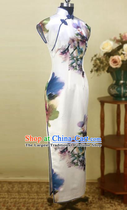 Chinese Traditional Customized Printing Silk Cheongsam National Costume Classical Qipao Dress for Women