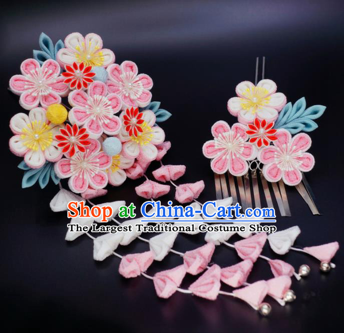 Asian Japan Traditional Geisha Pink Sakura Tassel Hairpins Japanese Kimono Hair Accessories for Women
