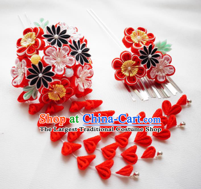 Asian Japan Traditional Geisha Red Sakura Tassel Hairpins Japanese Kimono Hair Accessories for Women