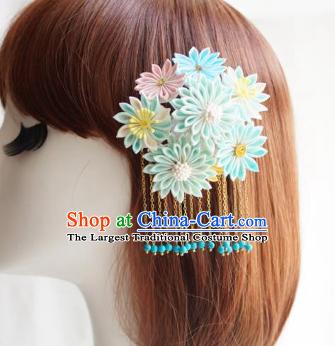Asian Japan Traditional Geisha Blue Chrysanthemum Tassel Hair Claw Japanese Kimono Hair Accessories for Women