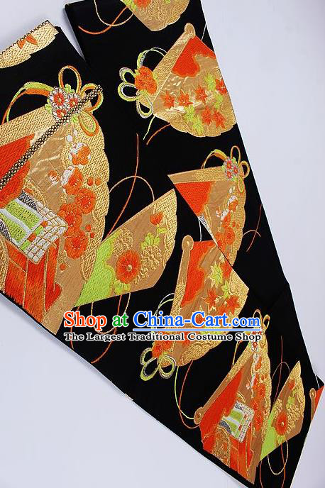 Traditional Japanese Classical Plum Fan Pattern Black Waistband Kimono Brocade Accessories Yukata Belt for Women