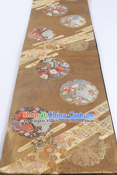 Traditional Japanese Classical Crane Daisy Pattern Brown Cannetille Waistband Kimono Brocade Accessories Yukata Belt for Women
