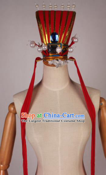 Traditional Chinese Shaoxing Opera Niche Red Hat Ancient Scholar Hairdo Crown Headwear for Men