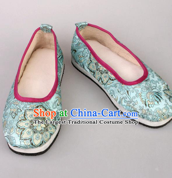 Traditional Chinese Beijing Opera Hanfu Blue Shoes Handmade Ancient Princess Blood Stained Shoes for Women