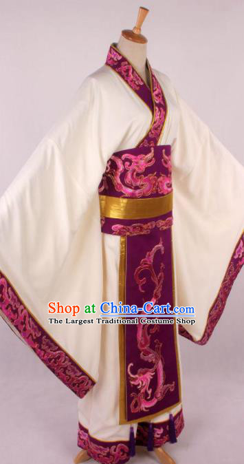 Traditional Chinese Shaoxing Opera Niche Embroidered White Clothing Ancient Han Dynasty Minister Costume for Men