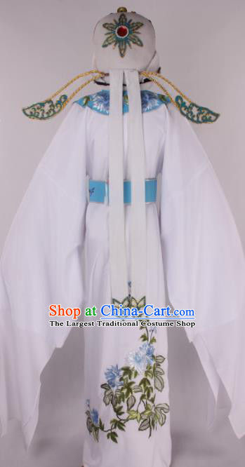 Traditional Chinese Shaoxing Opera Gifted Scholar White Robe Ancient Childe Costume and Hat for Men