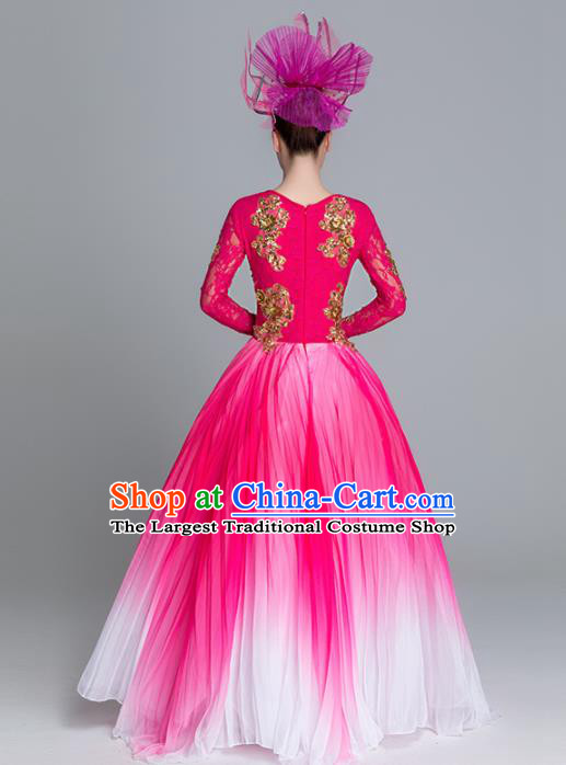 Traditional Chinese Classical Dance Rosy Dress Stage Show Opening Dance Costume for Women