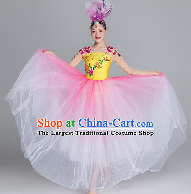 Traditional Chinese Classical Dance Chorus Pink Dress Stage Show Opening Dance Costume for Women