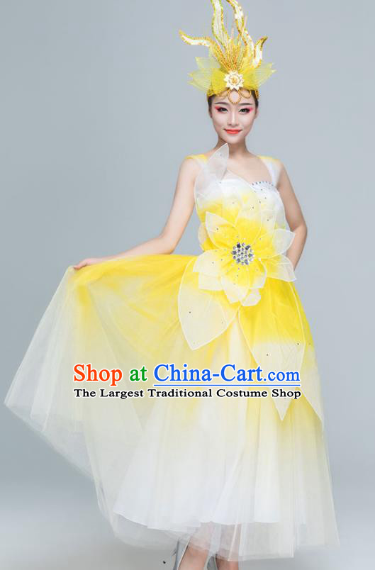 Traditional Chinese Spring Festival Gala Opening Dance Yellow Dress Stage Show Chorus Costume for Women