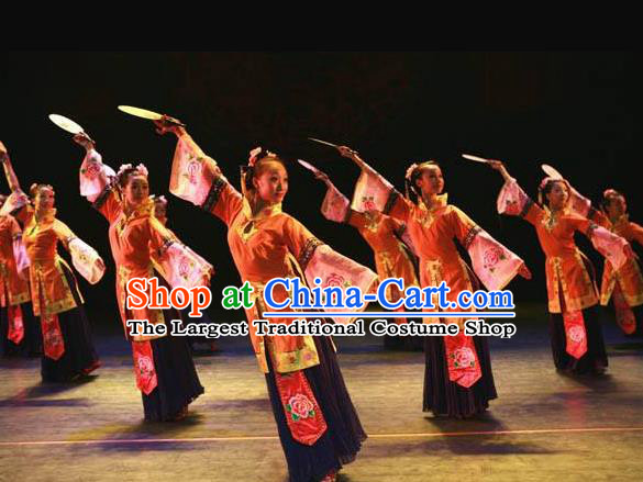 Chinese Beautiful Dance Wan Shan Shi Nv Orange Costume Traditional Palace Fan Classical Dance Competition Dress for Women