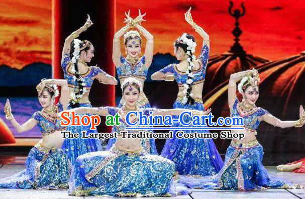 Traditional Chinese Classical Dance Competition Si Lu Ni Shang Blue Costume Indian Dance Stage Show Beautiful Dance Dress for Women