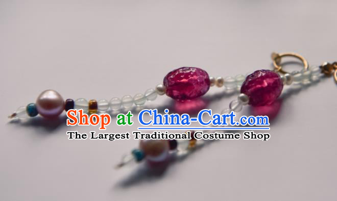 Chinese Ancient Princess Purple Crystal Bead Ear Accessories Traditional Hanfu Earrings for Women