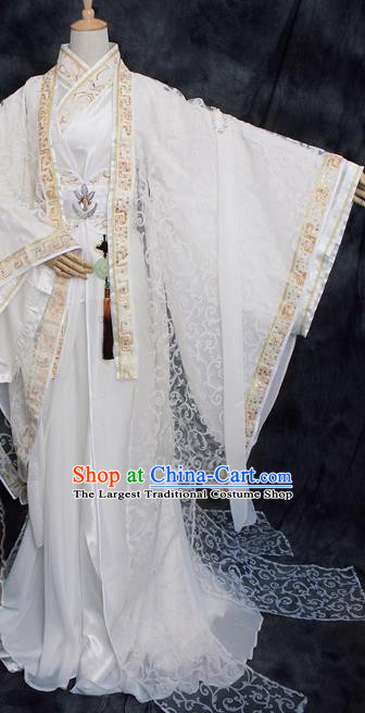 Traditional Chinese Cosplay Swordsman White Costume Ancient Royal Highness Hanfu Clothing for Men