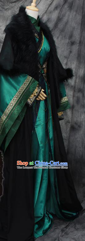 Traditional Chinese Cosplay Swordsman Deep Green Costume Ancient Royal Highness Hanfu Clothing for Men