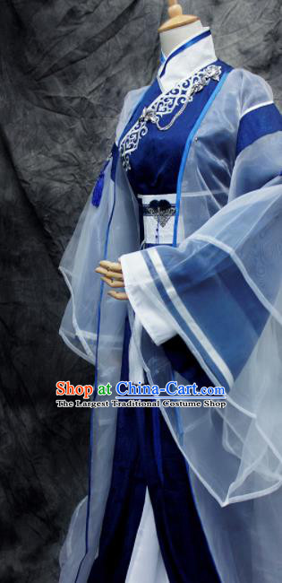 Traditional Chinese Cosplay Swordsman Nobility Childe Royalblue Costume Ancient Royal Highness Hanfu Clothing for Men