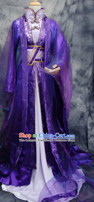 Traditional Chinese Cosplay Swordsman King Purple Costume Ancient Royal Highness Hanfu Clothing for Men