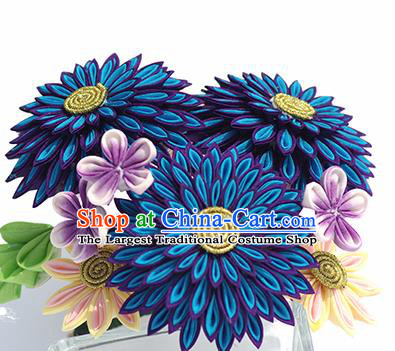 Japanese Geisha Kimono Royalblue Chrysanthemum Hairpins Traditional Yamato Hair Accessories for Women