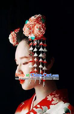 Japanese Geisha Kimono Pink Peony Sakura Tassel Hairpins Traditional Yamato Hair Accessories for Women