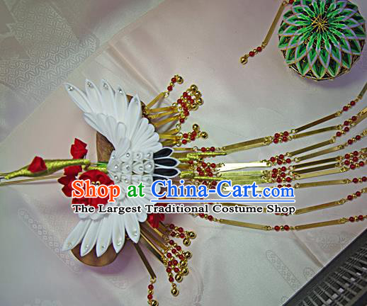 Japanese Geisha Kimono Crane Long Tassel Hairpins Traditional Yamato Hair Accessories for Women