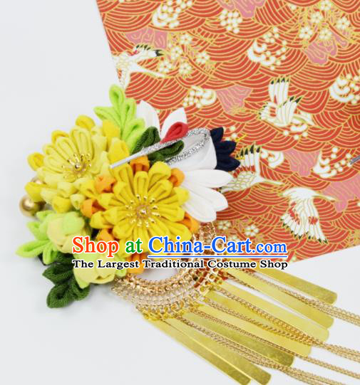 Japanese Geisha Oiran Kimono Chrysanthemum Crane Tassel Hair Claw Hairpins Traditional Yamato Hair Accessories for Women