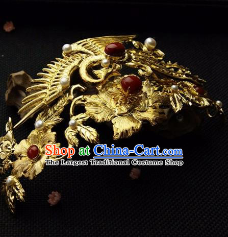 Chinese Ancient Ming Dynasty Golden Crane Peony Hairpins Hair Crown Traditional Hanfu Hair Accessories for Women