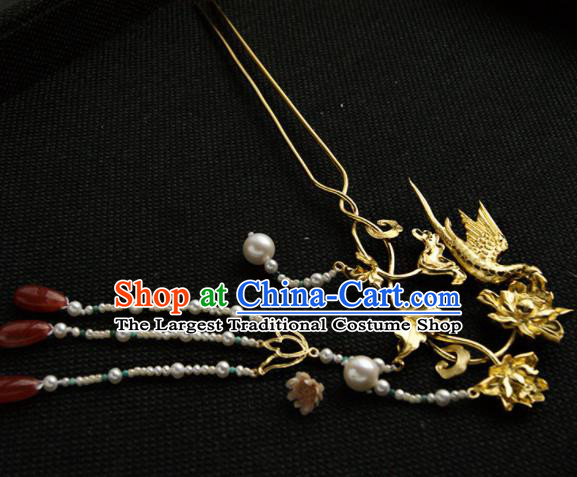 Chinese Ancient Queen Golden Carving Lotus Parrot Tassel Hairpins Traditional Hanfu Hair Accessories for Women