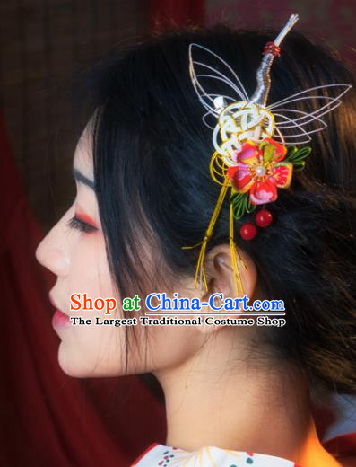 Japanese Geisha Oiran Kimono Red Sakura Crane Hair Stick Hairpins Traditional Yamato Hair Accessories for Women