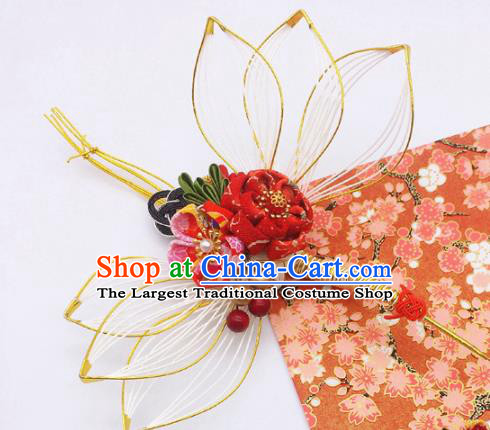 Japanese Geisha Oiran Kimono Red Sakura Crane Hair Stick Hairpins Traditional Yamato Hair Accessories for Women