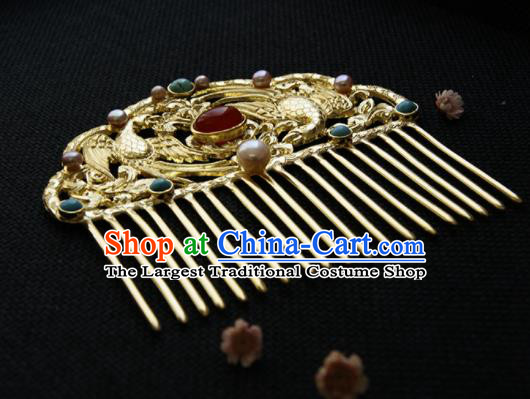 Chinese Ancient Tang Dynasty Queen Golden Parrot Agate Hair Comb Hairpins Traditional Hanfu Hair Accessories for Women