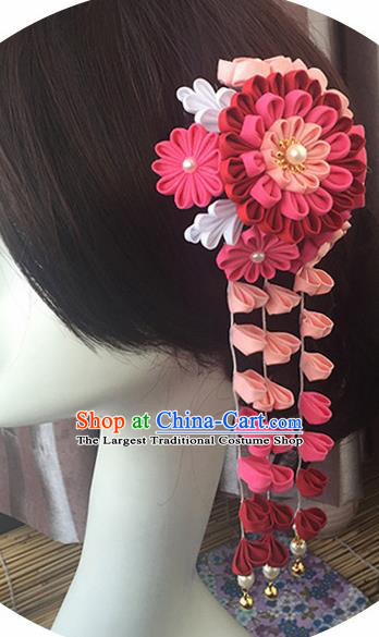 Japanese Geisha Courtesan Kimono Wine Red Peony Hair Claw Tassel Hairpins Traditional Yamato Hair Accessories for Women