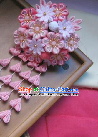 Japanese Geisha Courtesan Pink Sakura Tassel Hairpins Traditional Yamato Kimono Hair Accessories for Women