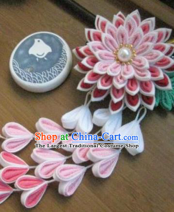 Japanese Geisha Courtesan Pink Chrysanthemum Tassel Hairpins Traditional Yamato Kimono Hair Accessories for Women
