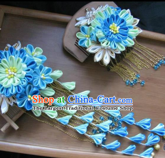 Japanese Geisha Courtesan Blue Chrysanthemum Hair Comb and Hairpins Traditional Yamato Kimono Hair Accessories for Women