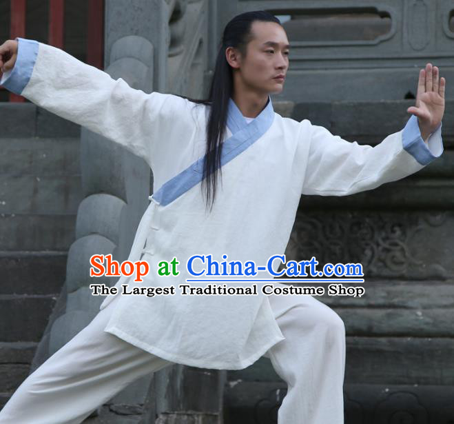 Chinese Traditional Martial Arts Blue Slant Opening Costumes Kung Fu Tai Chi Competition Clothing for Men