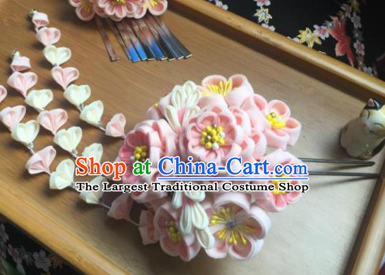 Japanese Geisha Courtesan Kimono Pink Sakura Tassel Hairpins Traditional Yamato Hair Accessories for Women