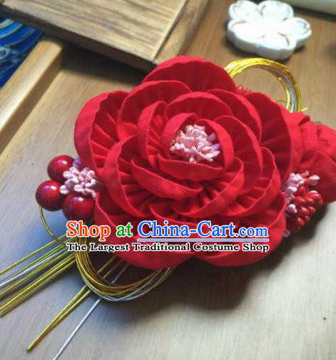 Japanese Geisha Courtesan Kimono Red Camellia Hairpins Traditional Yamato Hair Accessories for Women