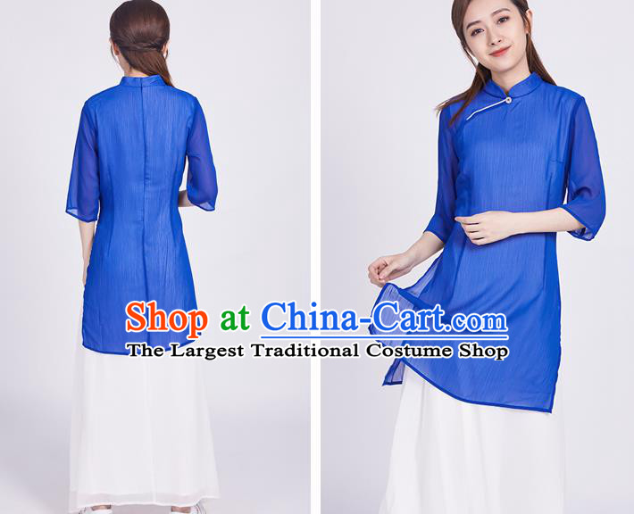 Chinese Traditional Tang Suit Martial Arts Blue Slant Opening Blouse Tai Chi Competition Costume for Women