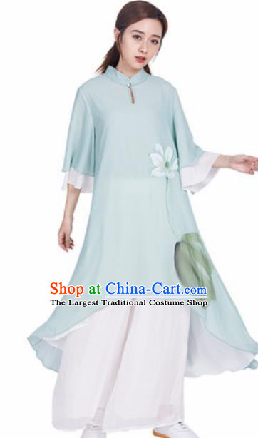 Chinese Traditional Tang Suit Martial Arts Ink Painting Lotus Green Blouse Tai Chi Competition Costume for Women