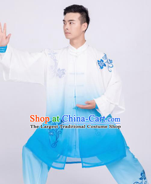 Chinese Traditional Tang Suit Blue Clothing Martial Arts Tai Chi Competition Costume for Men