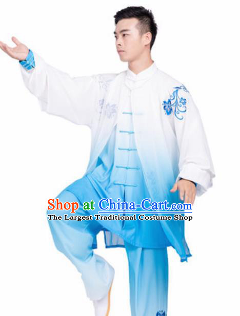 Chinese Traditional Tang Suit Blue Clothing Martial Arts Tai Chi Competition Costume for Men